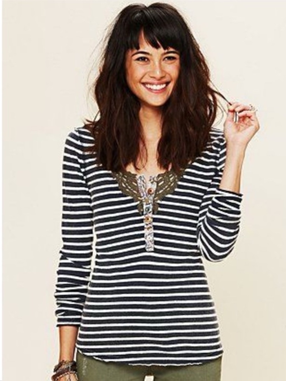 Free People We The Free Call Back Striped Crochet Henley Top Blue